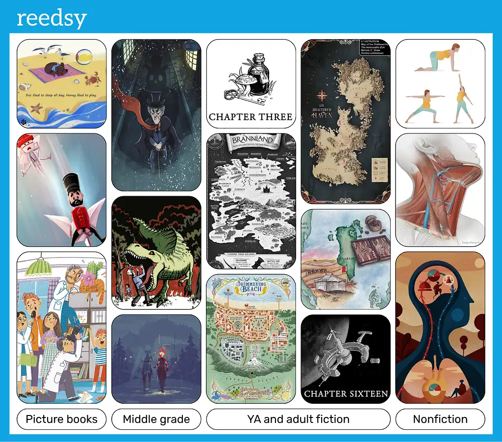 Book illustration examples by category